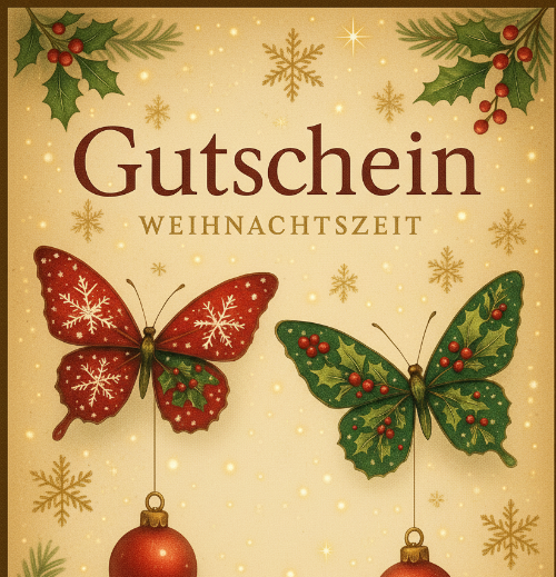 Erstelle einen Gutschein mit Aufschrift: Gutschein, für die Weihnachtszeit, mit Schmetterlingen