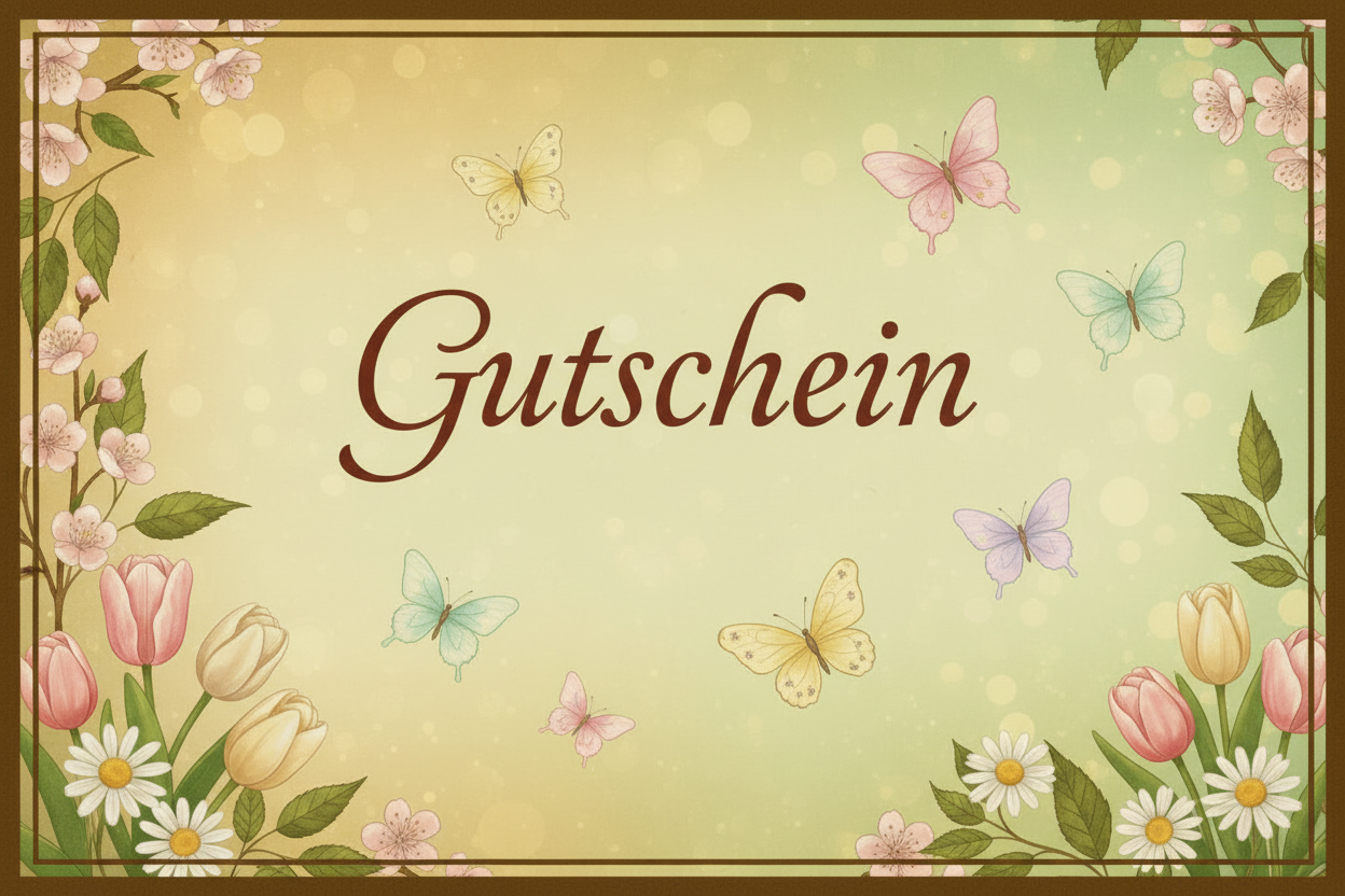 Erstelle einen Gutschein mit Aufschrift: Gutschein, für die Weihnachtszeit, mit Schmetterlingen