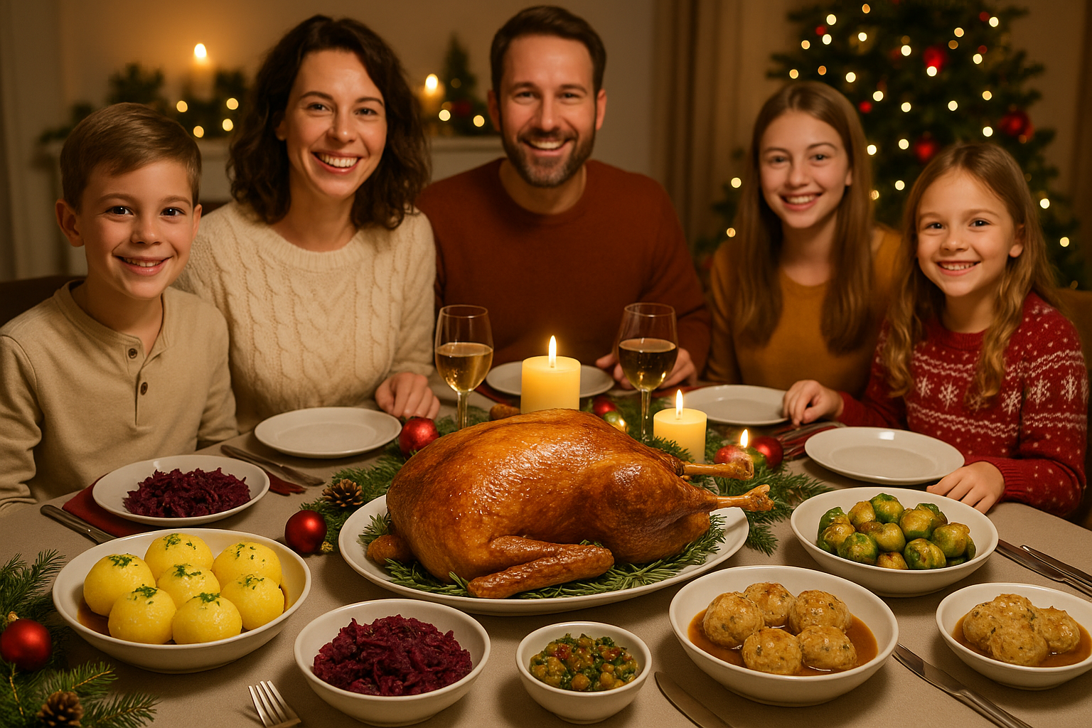 Weihnachtsessen Gans mit verschiedenen Beilagen und Klößen, an einem großen modernen Tisch, der schön Dekoriert ist, um den eine glückliche Familie mit Kindern sitzt
